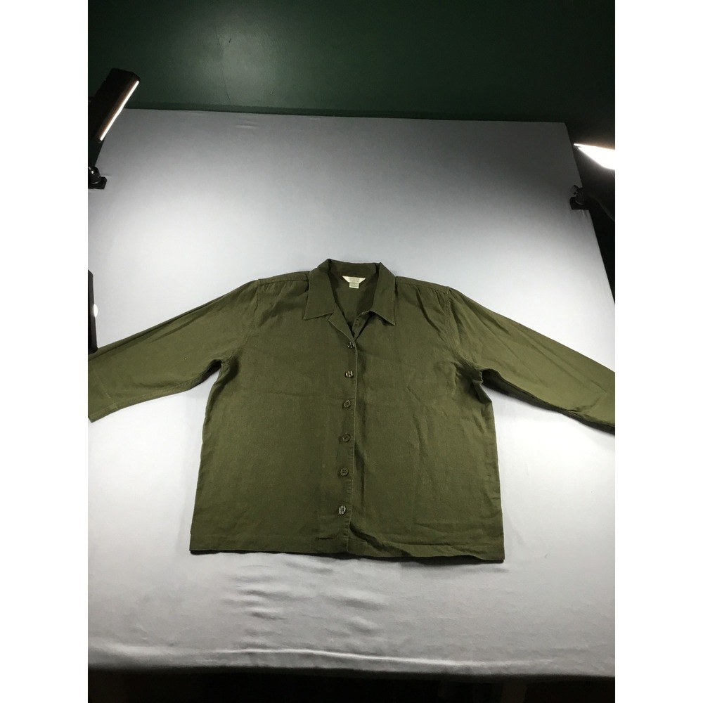 Christopher&Banks Olive Green Linen Rayon Classic Office Button Front Blouse L